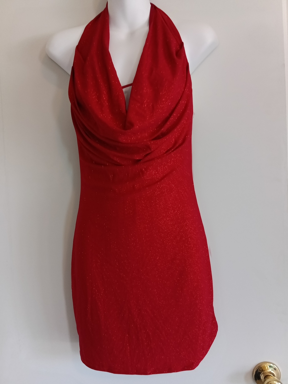 Sparkle Red Cowl Halter Mini Dress